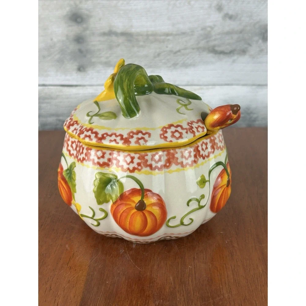 Temptations by Tara Old World Pumpkin Patch Pattern Ceramic Sugar Bowl W/ Spoon